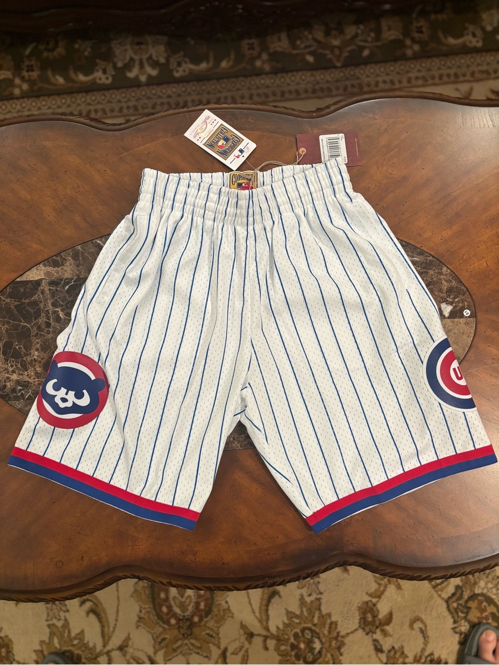 White Pinstripe Chicago Cubs Mesh Shorts with Team Logos